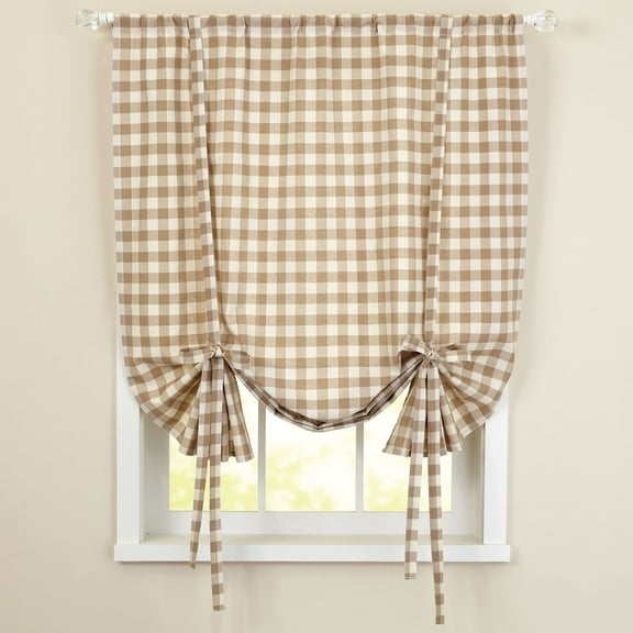 Sweet Home Collection Buffalo Check Tie Up Window Shade Casual Cotton Blend Single Panel Blind, Taupe 42" x 63"