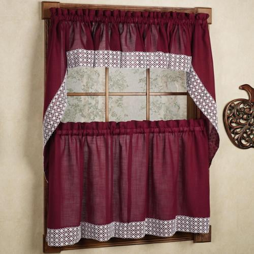 White Lace Detail Burgundy Polyester Kitchen Tier Curtains