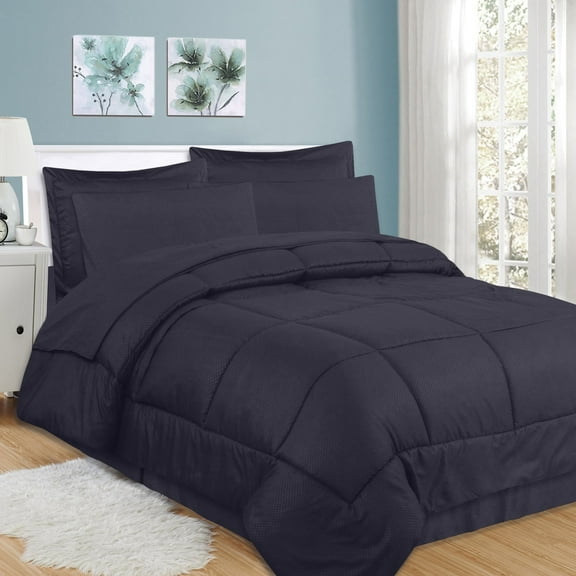 Sweet Home Collection Checkered Embossed 8-Piece Bed in a Bag Set Navy Queen