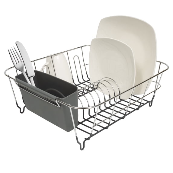 2 Piece Chrome Plated Steel Small Compact Dish Drainer, Grey
