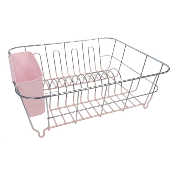 2 Piece Chrome Plated Steel Small Compact Dish Drainer, Pale Pink