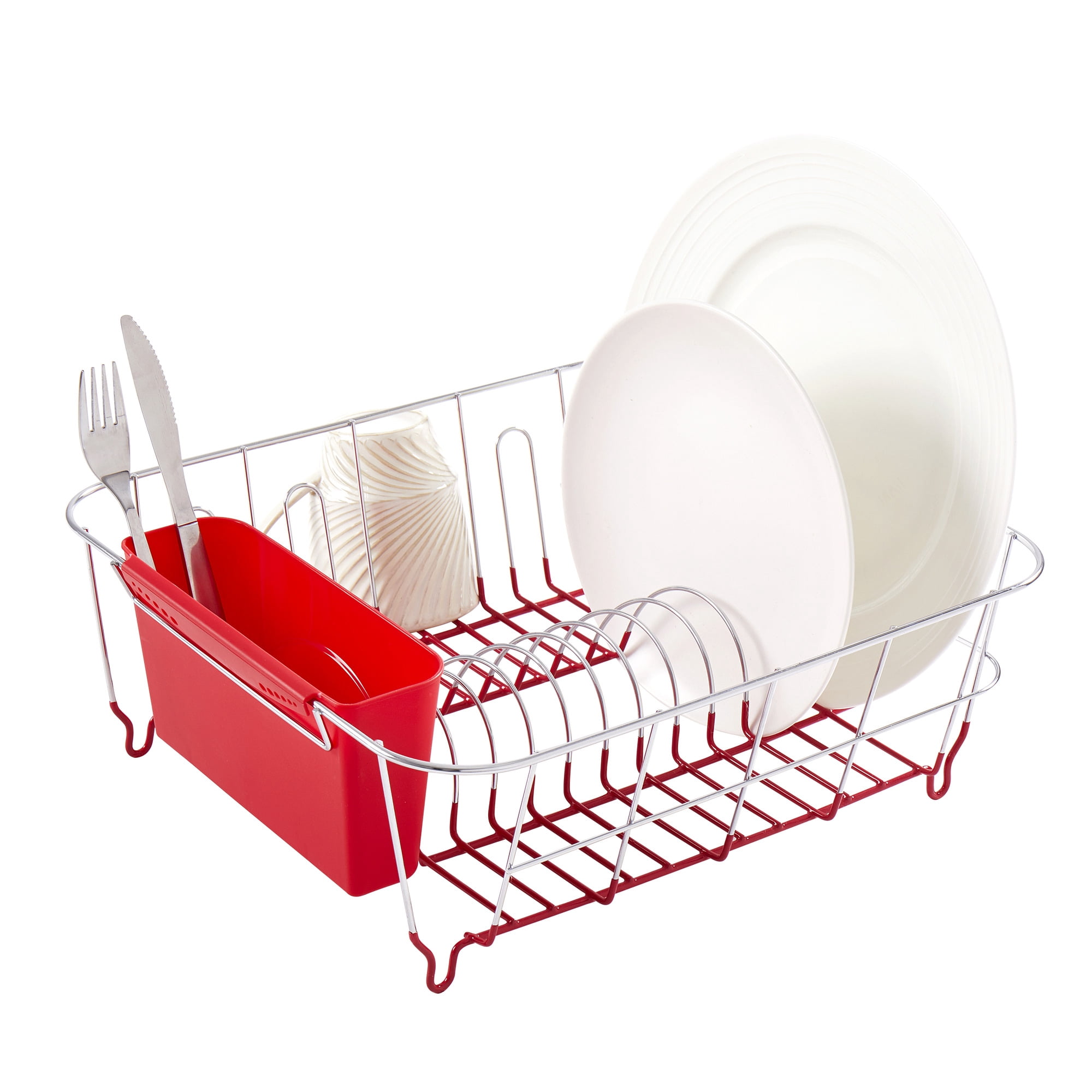 2 Piece Chrome Plated Steel Small Compact Dish Drainer, Red
