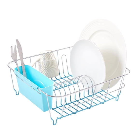 2 Piece Chrome Plated Steel Small Compact Dish Drainer, Turquoise