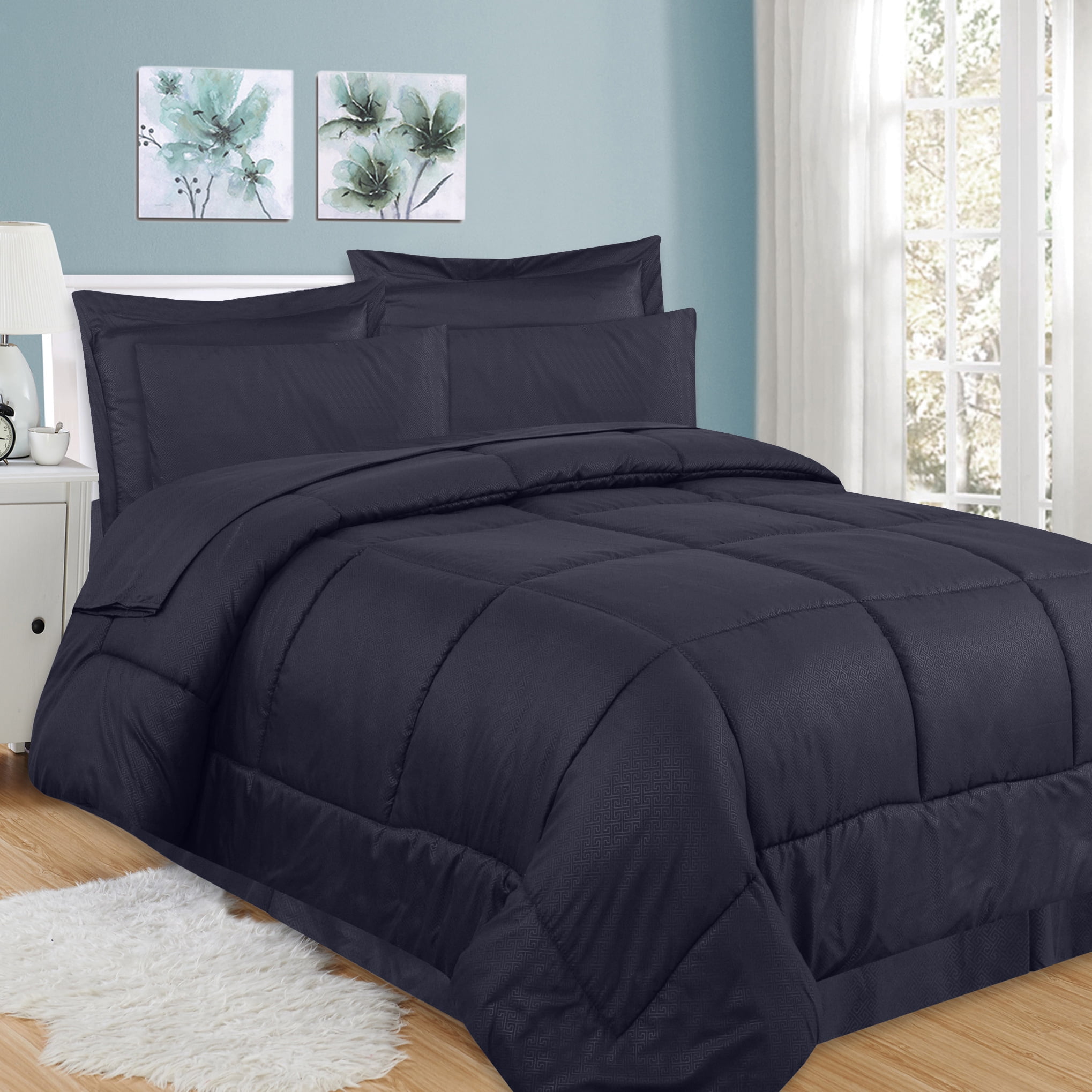 Sweet Home Collection Classic 8 Piece Baffle Box Black Bed in a Bag, Queen