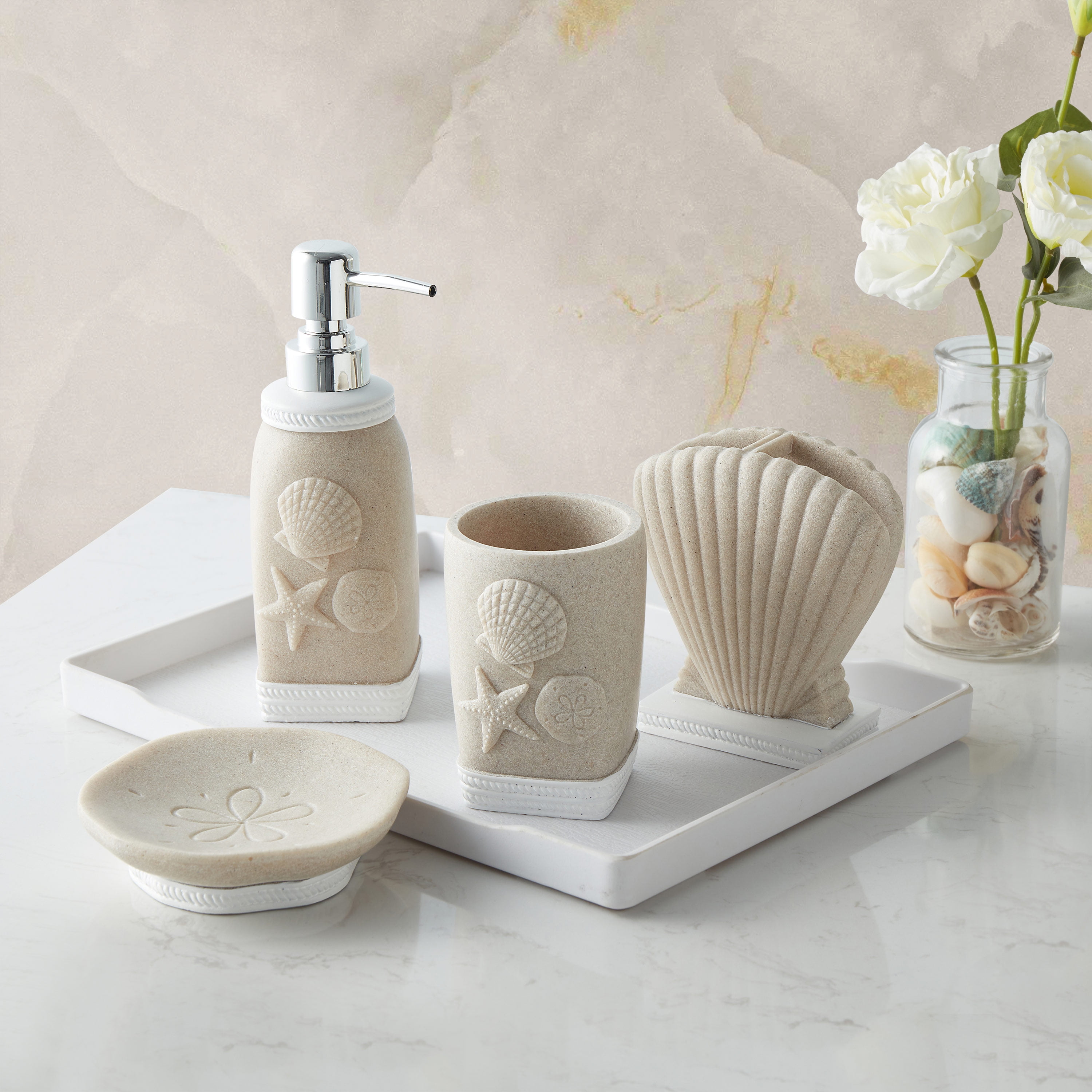 Beach Sand Coastal Shell Resin Bathroom Accessory Set, 4 Piece