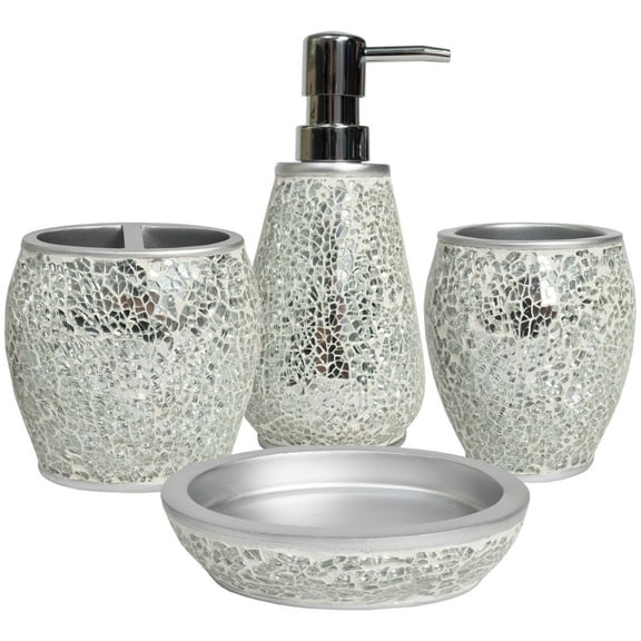 Sweet Home Collection Contemporary 4 Piece Resin Bath Accessories Sets, Silver