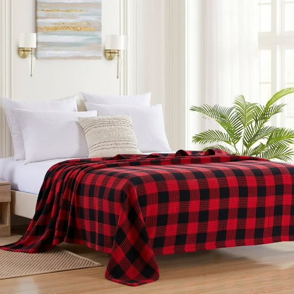 Sweet Home Collection Cotton Blend Knit Buffalo Check Blanket King Burgundy Black