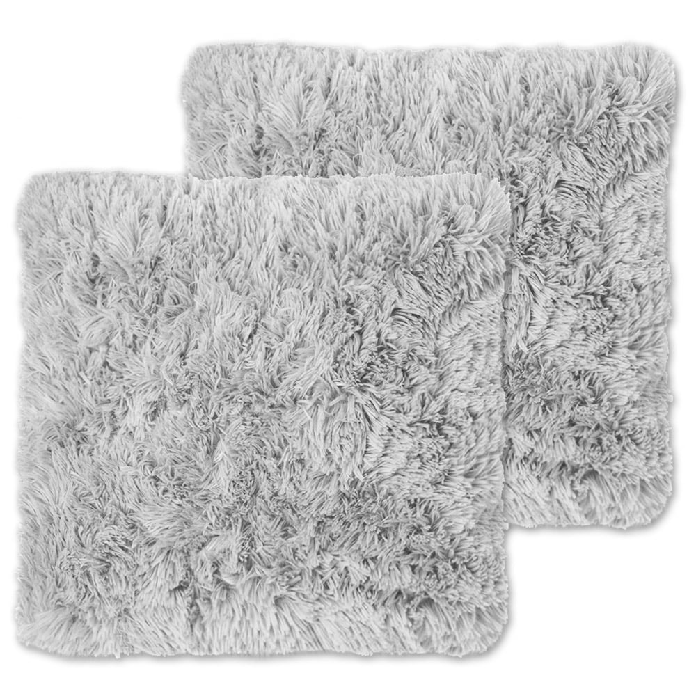 Silver Faux Fur Plush Reversible Throw Pillows, 18" x 18", Set of 2