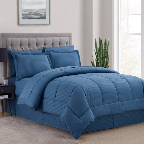Dobby Stripe 8 Piece Bed in a Bag Bedding Set Includes Bed Sheets and Bed Skirt, King - Denim