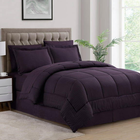 Dobby Stripe 8 Piece Bed in a Bag Bedding Set Includes Bed Sheets and Bed Skirt, King - Eggplant/Purple
