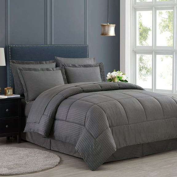 Sweet Home Collection Gray 8 Piece Bed in a Bag Comforter Set with Sheets, King