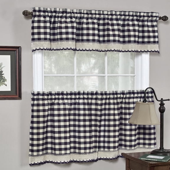 Sweet Home Collection Kitchen Window Curtain Panel Treatment Decorative Buffalo Check Design, 24" Tier, Navy