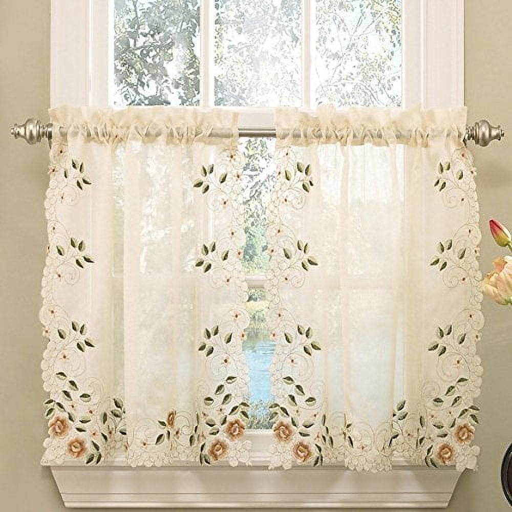 Rosemary Linen Floral Embroidered Semi-Sheer Kitchen Tier Curtains