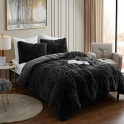 Sweet Home Collection Long Faux Fur Plush 3-Piece Microfiber Comforter Bedding Set - Black, Queen