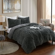 Sweet Home Collection Long Faux Fur Plush 3-Piece Microfiber Comforter Bedding Set - Dark Gray, Queen