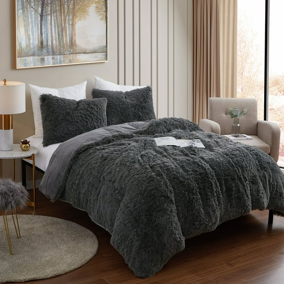Sweet Home Collection Long Faux Fur Plush 3-Piece Microfiber Comforter Bedding Set - Dark Gray, Queen
