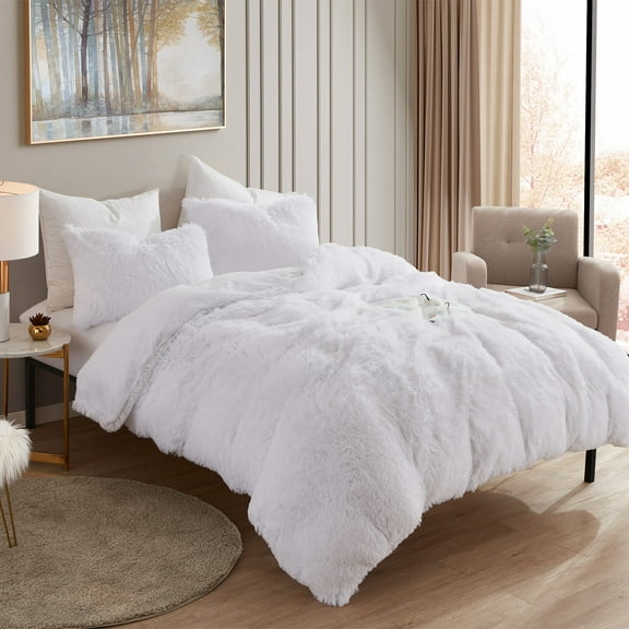Sweet Home Collection Long Faux Fur Plush 3-Piece Microfiber Comforter Bedding Set - White, Queen