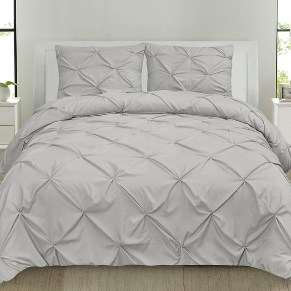 Sweet Home Collection, Luxurious 3 Piece Microfiber Pinch Pleat Pintuck Duvet Cover & Pillow Sham Set - Queen, Silver