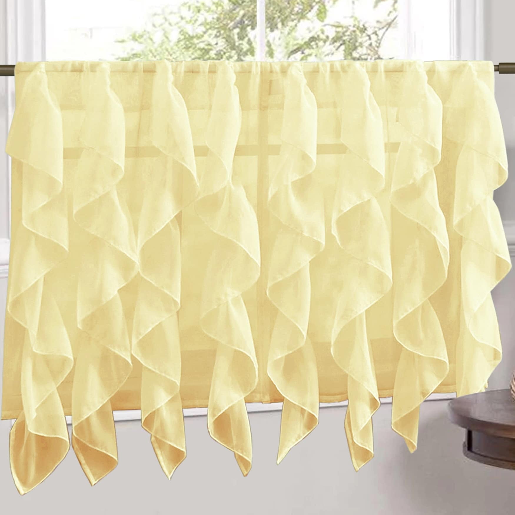 Maize Yellow Polyester Ruffled Waterfall Valance and Curtain Tiers 24" Pair