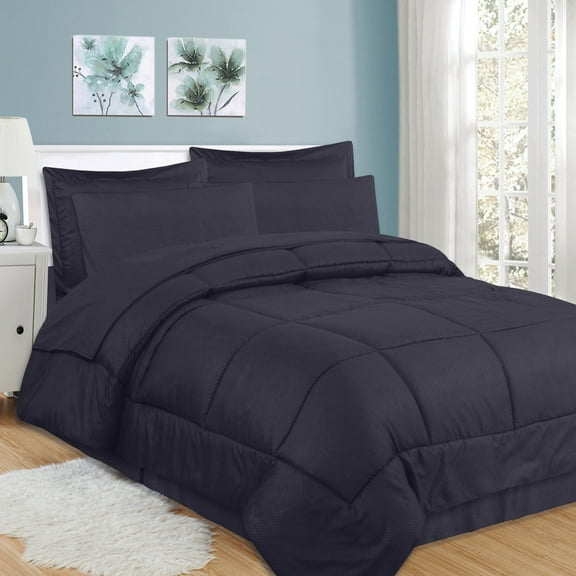 Sweet Home Collection Microfiber 8 Piece Bed In A Bag Checkered Comforter Set - Navy, Queen