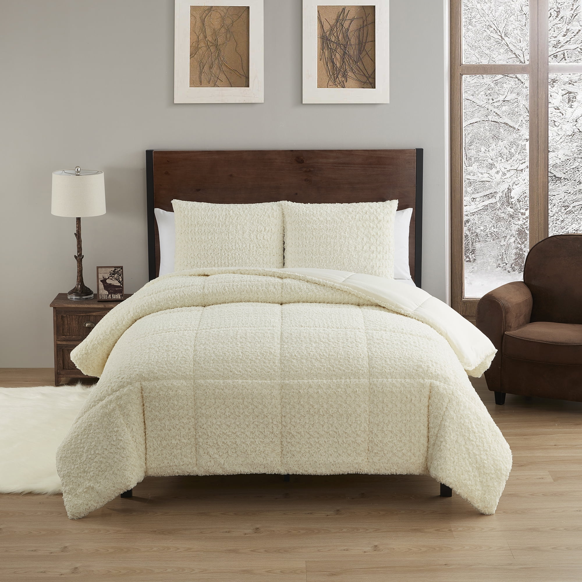 King Ivory Faux Fur Reversible Down Alternative Bedspread Set