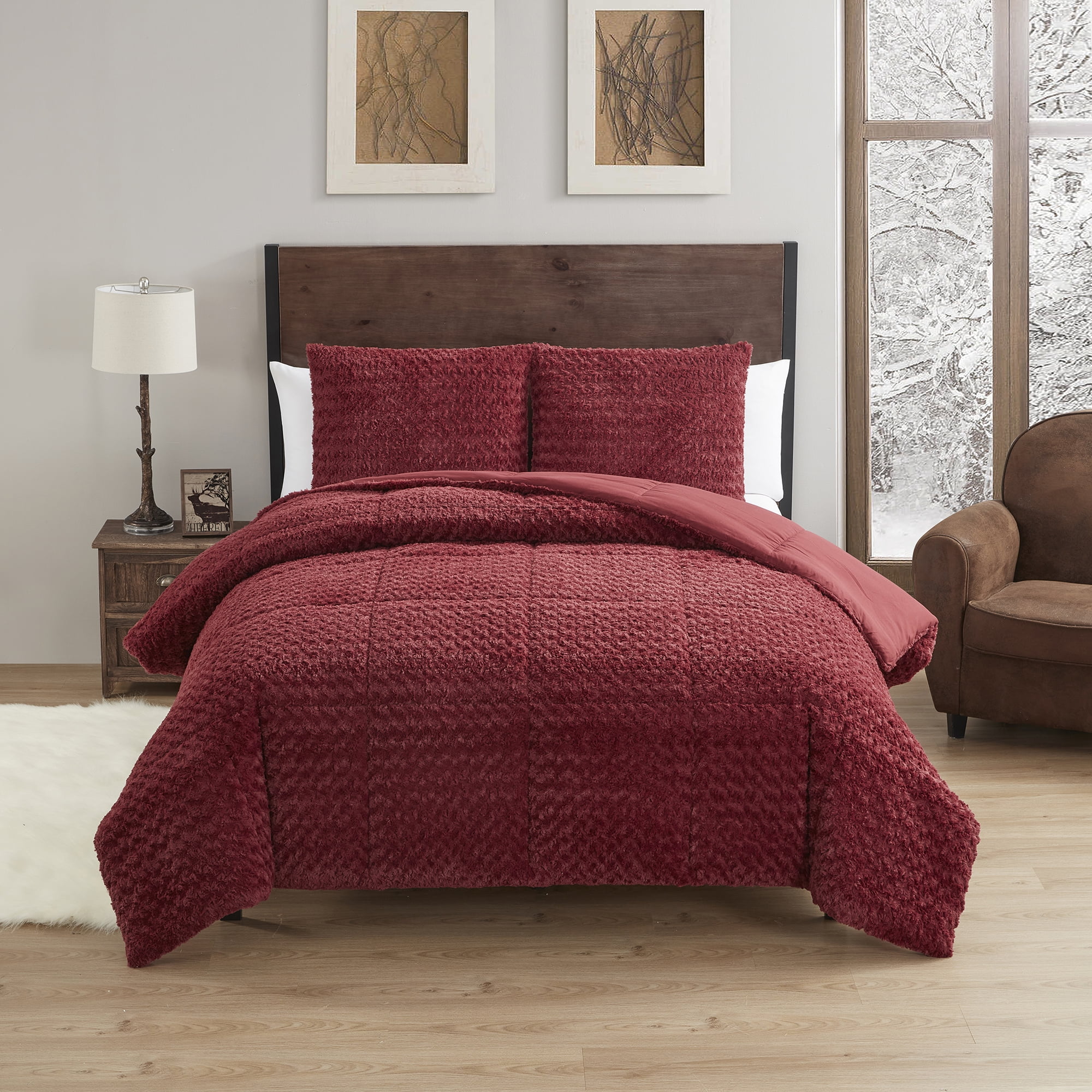 Sweet Home Collection Mika Faux Fur Animal Comforter Set - Queen Burgundy