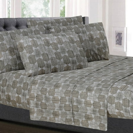 Sweet Home Collection Monaco Geometric Pattern 6-Piece Bed Sheet Set - Taupe, Queen