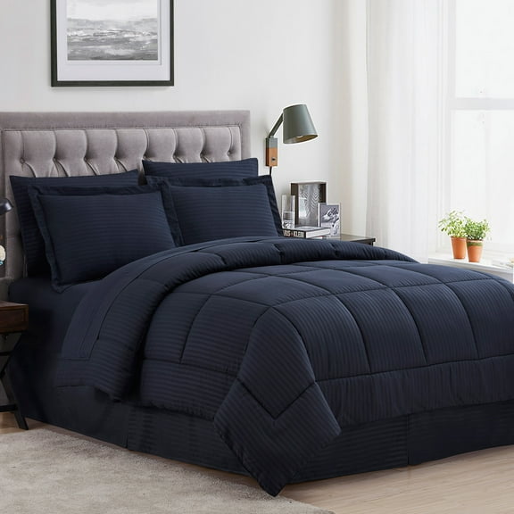 Dobby Stripe 8 Piece Bed in a Bag Bedding Set Includes Bed Sheets and Bed Skirt, Queen - Navy Blue