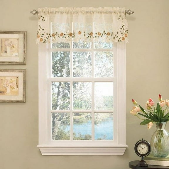 Sweet Home Collection Old World Style Floral Cream Embroidered Tailored Valance Curtains, 58” x 12”