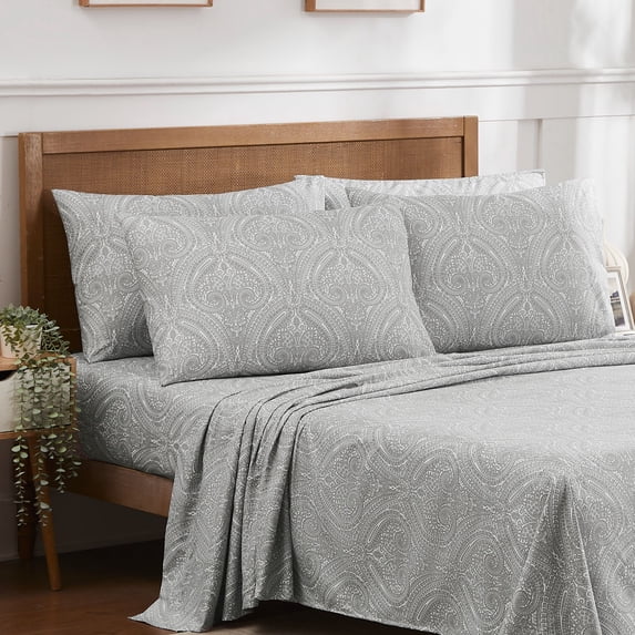 6 Piece Printed Sheet Set, Deluxe Ultra Soft 1500 Series, Double Brushed Microfiber -Paisley Gray, California King