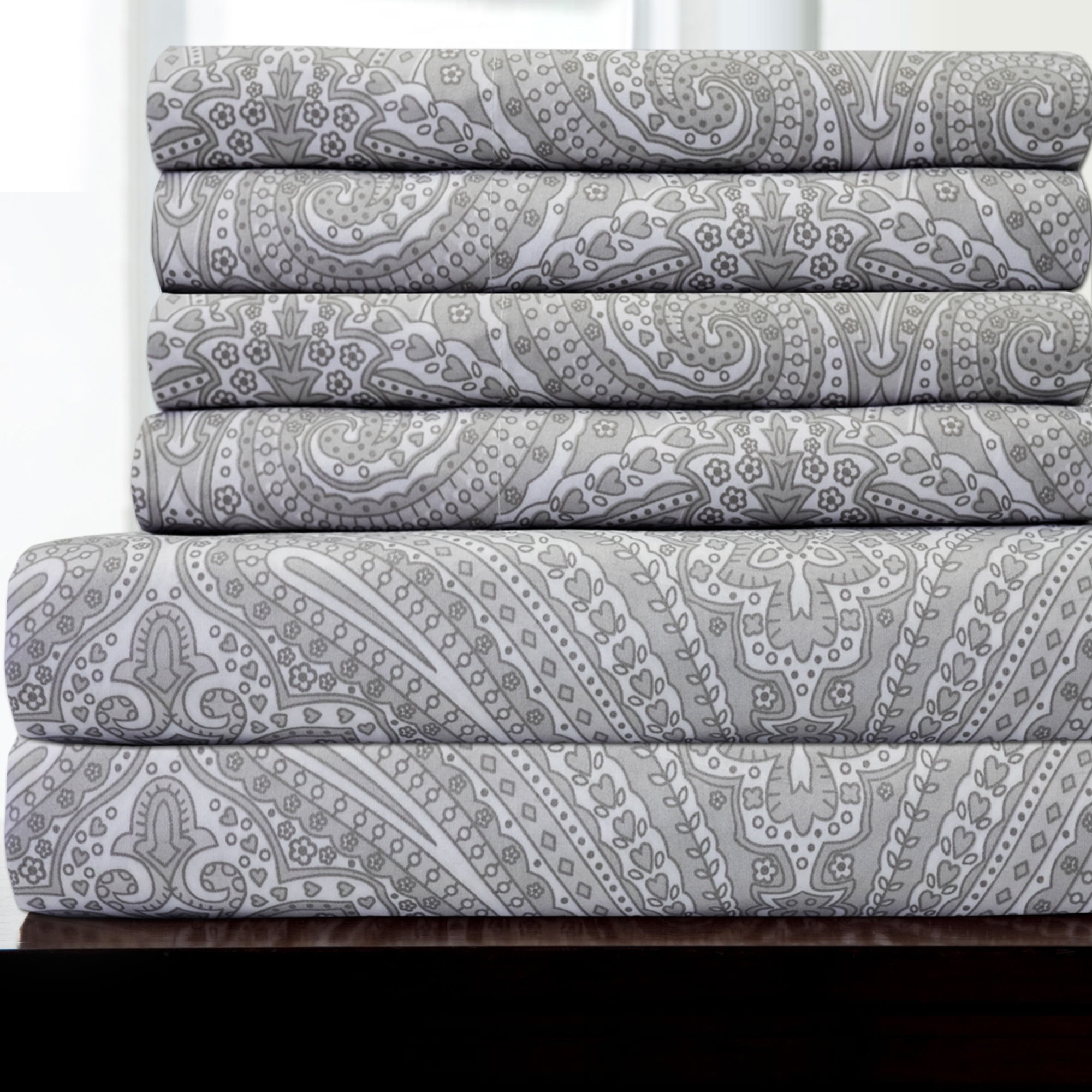 Paisley Gray Full Size Cotton Microfiber 6 Piece Sheet Set