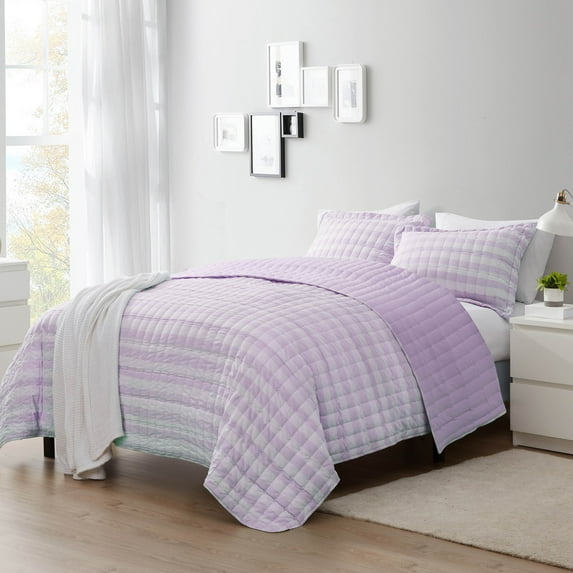 Sweet Home Collection 3 Piece Embroidered Checkered Quilt and Pillow Sham Set Queen Purple