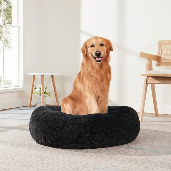 Sweet Home Collection Round Calming Soft Warm Shaggy Plush Faux Fur Donut Pet Dog Cat Sleeping Bed Black - 30"