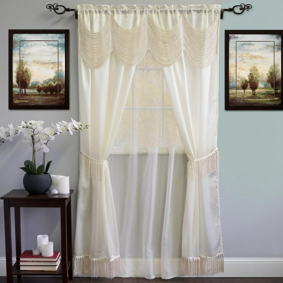 Sweet Home Collection Satin Fringe Design 6 Piece Kitchen Curtain Window Panel Set, 56" x 84", Ivory