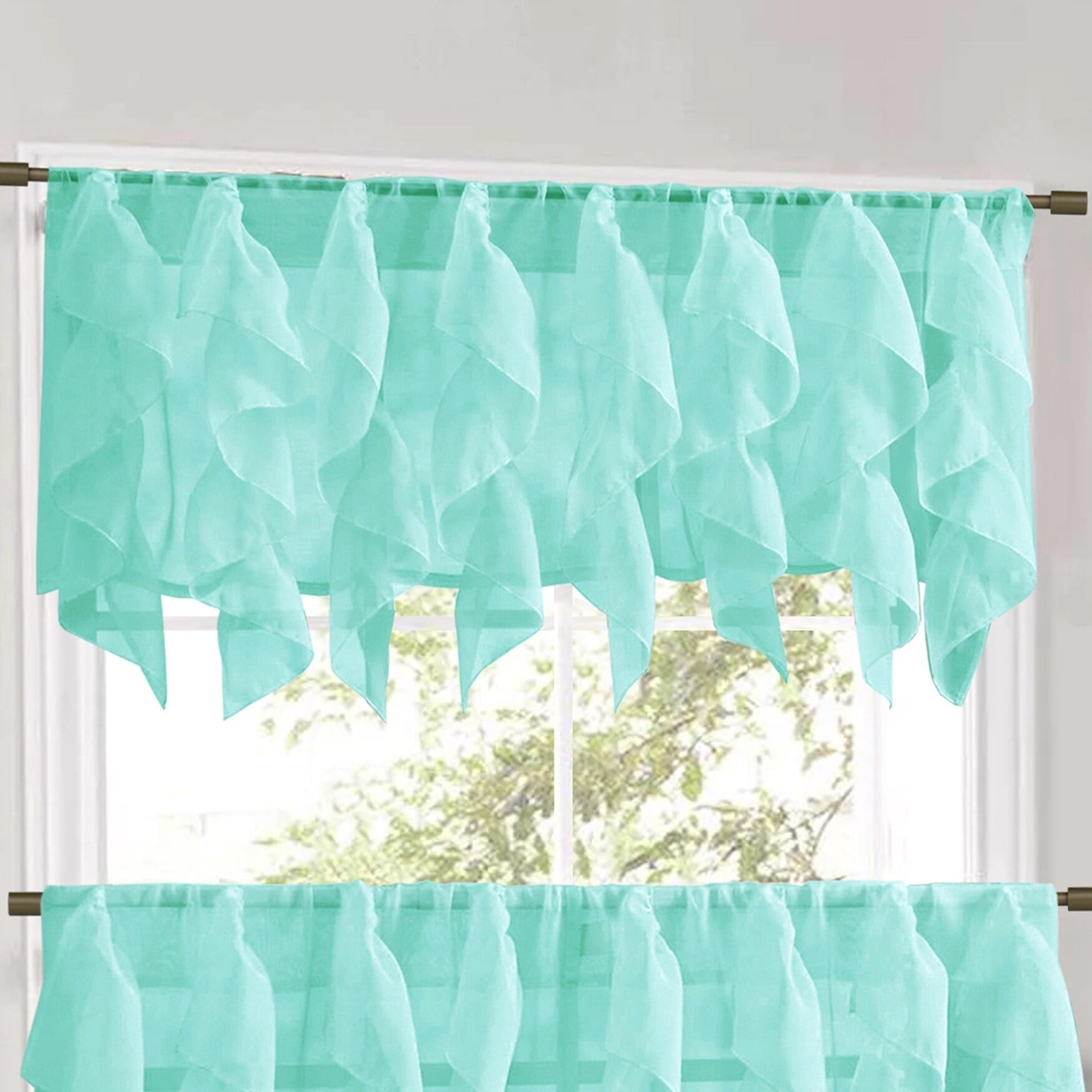 Sea Blue Polyester Ruffled Waterfall Valance