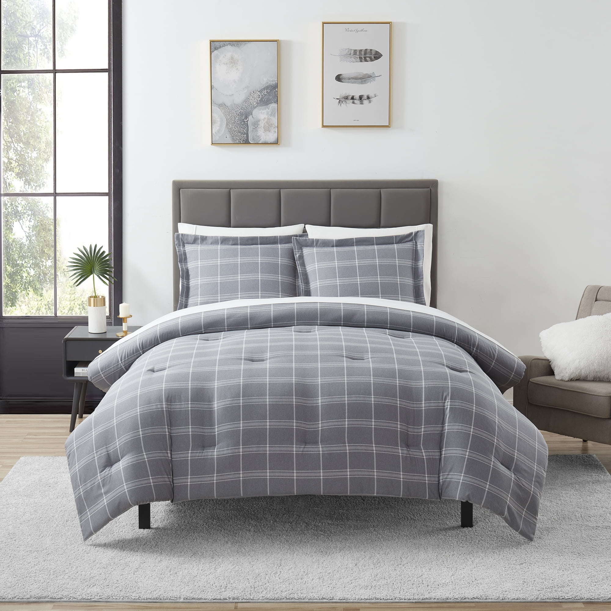 Sweet Home Collection Soft Microfiber Plaid Grey/White Comforter and Sheet Set - Twin