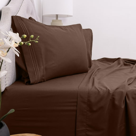 Sweet Home Collection Solid Microfiber Deep Pocket 1800 Thread Count Sheet Sets, King Queen, Brown