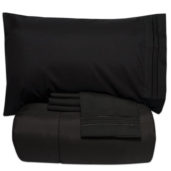 Sweet Home Collection Solid Microfiber Deep Pocket Lightweight Washable Bed-in-a-Bag Sets, Queen, Black, 5-Pieces