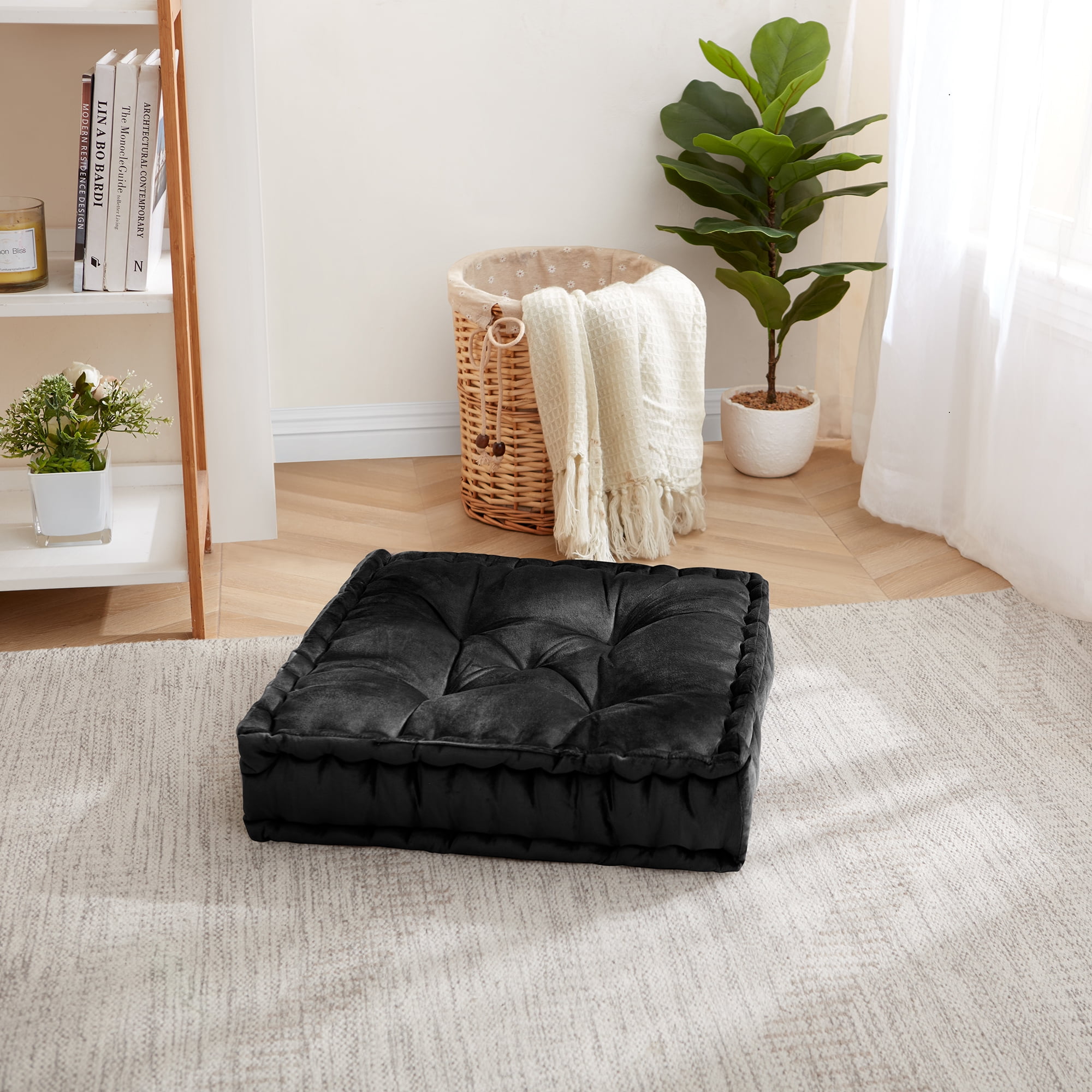 Sweet Home Collection Tufted Square Meditation Yoga Floor Pillow, Black 2 Pack - 20" x 20"