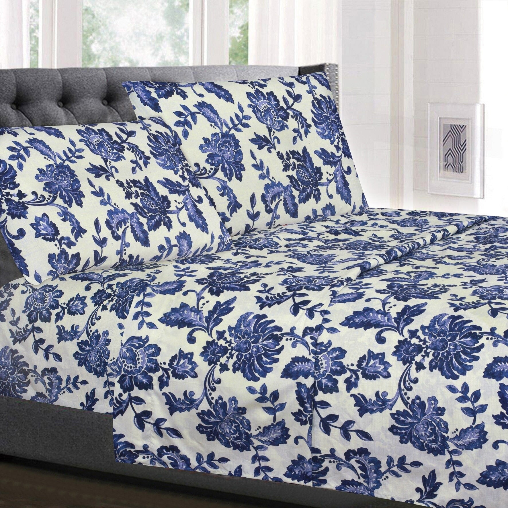 Tuscany Navy Floral King Cotton Polyester Bed Sheet Set