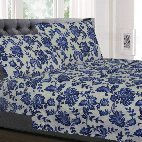 Sweet Home Collection Tuscany Navy Floral Pattern Microfiber 4-Piece Bed Sheet Set - King