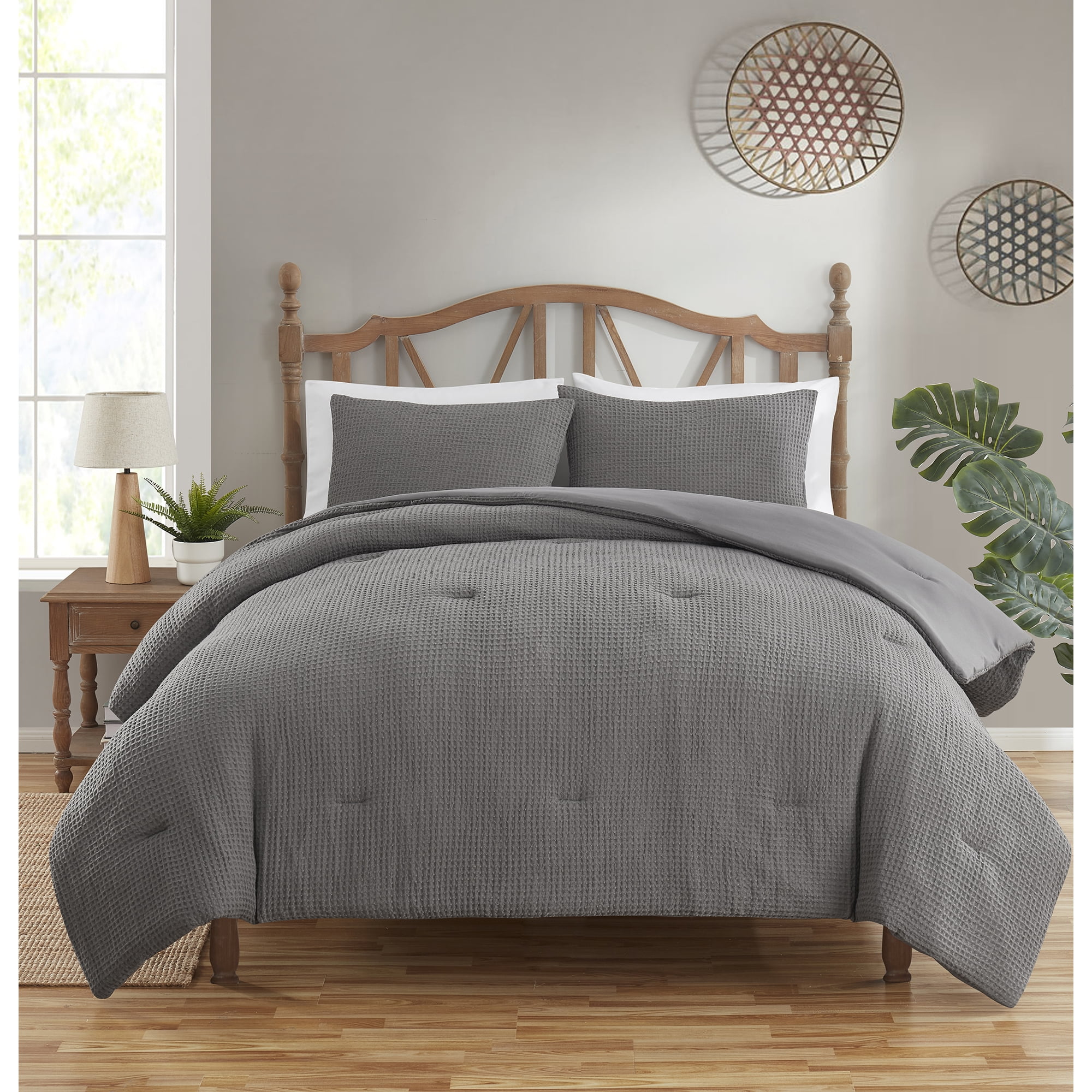 Sweet Home Collection Waffle Weave Microfiber Comforter Set - Dark Gray, King