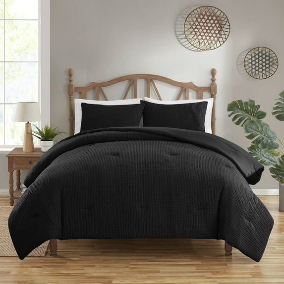 Sweet Home Collection Waffle Weave Polyester Microfiber Comforter Set Black King