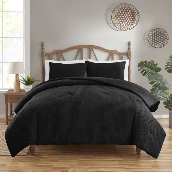 Sweet Home Collection Waffle Weave Polyester Microfiber Comforter Set Black Queen