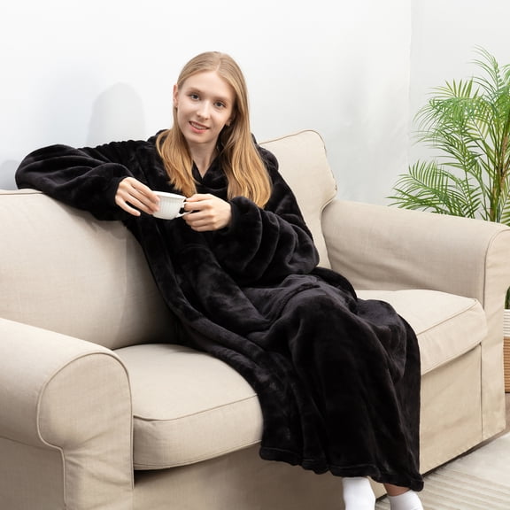 Sweet Home Collection Wearable Blanket Oversized Soft Microplush Hood, Sleeves, Pouch Pocket Black