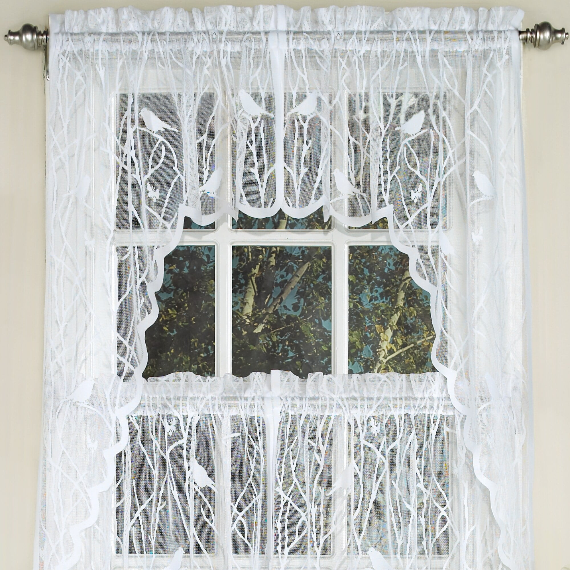 White Lace Bird Motif Kitchen Window Swag Pair Curtains