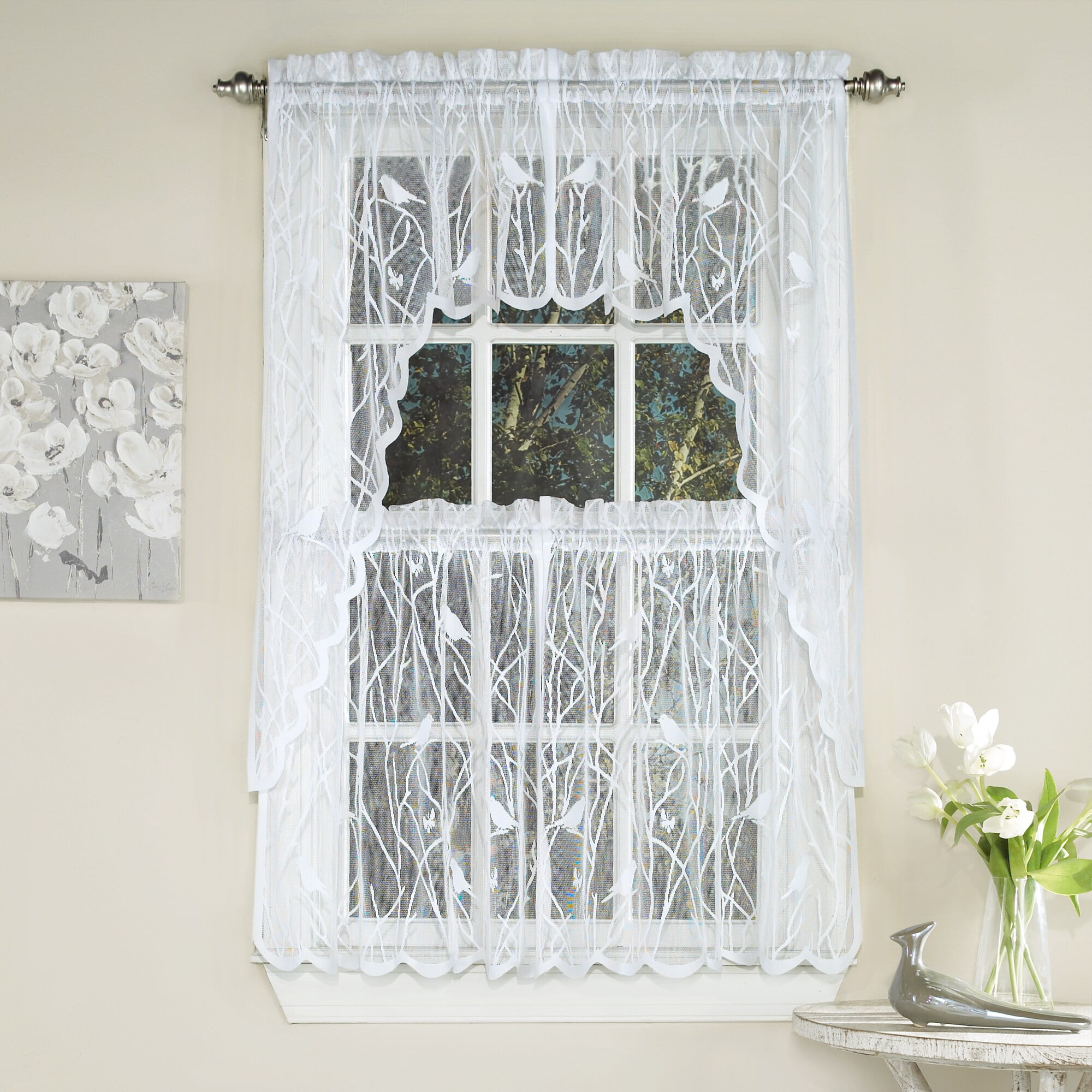 White Lace Bird Motif Polyester Kitchen Window Tier Curtains