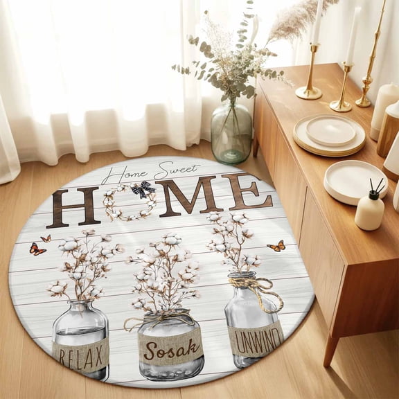 Sweet Home Cotton Butterfly Round Area Rug 3ft,Living Room Rug Non-Slip Washable Circle Rugs Pad,Vintage Bottle on Wood Soft Floor Carpet for Bedroom Dining Room