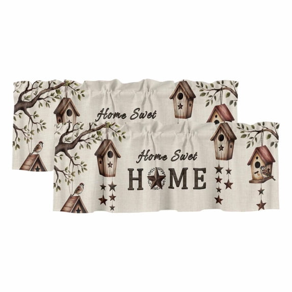 Sweet Home Curtain Valances for Windows, Kitchen Valance Window Treatments Panel 2 Pack, Western Stars Bird Houses Farmhouse Retro Rod Pocket Short Curtains for Bathroom Bedroom 54 x 18 Inch
