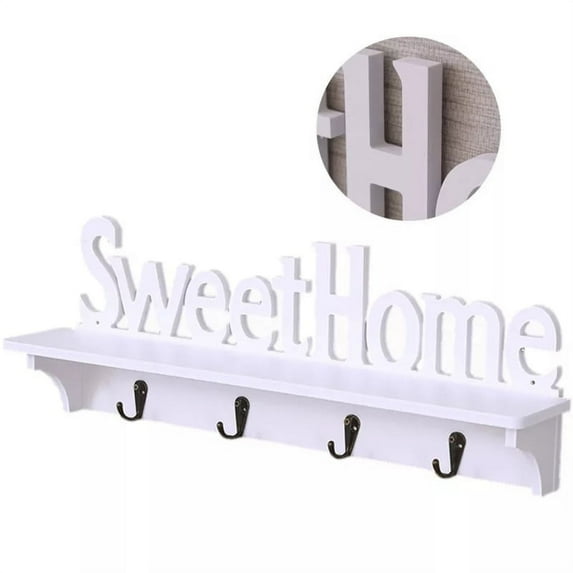 Sweet Home Decorative Key Holder with 4 Metal Hooks for Home & Office White finish